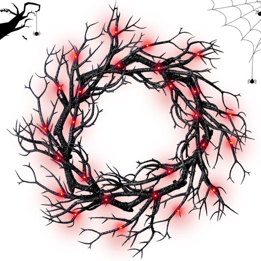 Halloween Black Branch Wreath - 16.5 Inch Glitter Black Twig Halloween Wreaths with Red Lights for Front Door Indoor Outdoor Party Window Wall Decor Farmhouse Garland Yard