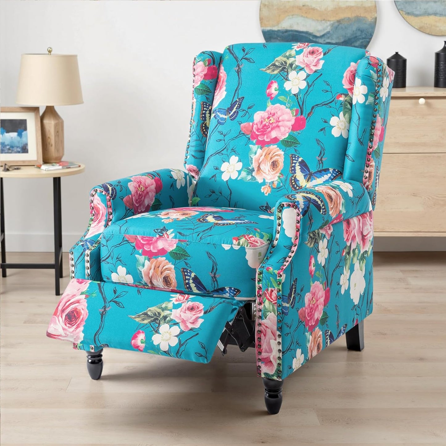 UIXE Floral Pushback Recliner Chair, Fabric Upholstered Armchair Push Back Accent Chair for Living Room, Rivet Trim Club Chair Home Theater Single Sofa Reading Seat - Peacock Blue