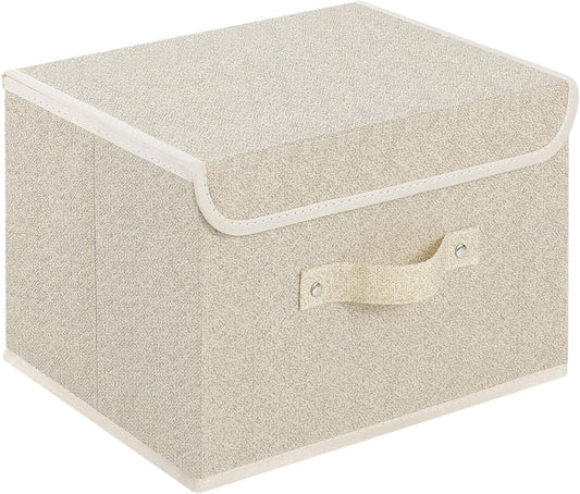 Storage Boxes, Collapsible Storage Bins with Lids, Cotton and linen cloth Storage Baskets with Handle, for Books, Closet, Bedroom, Home, 10.2x7.9x6.7 in, Grey and Beige