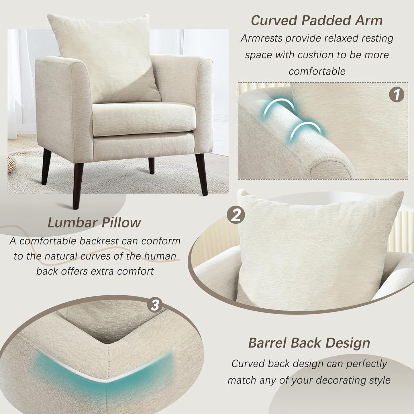 Barrel Accent Chair with Back Pillow, Large Upholstered Armchair with Solid Wood Legs Modern Reading Chairs for Living Room Bedroom