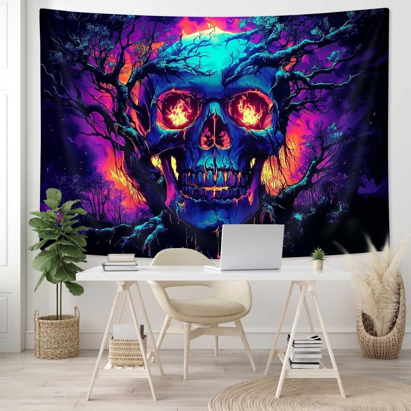 Xiaoput Blacklight Fire Skull Tapestry for Bedroom, Trippy UV Reactive Burning Skeleton Forest Wall Hanging Tapestries, Scary Dark Horror Glow in the Dark Tapestries for Living Room Home Dorm 60X40IN