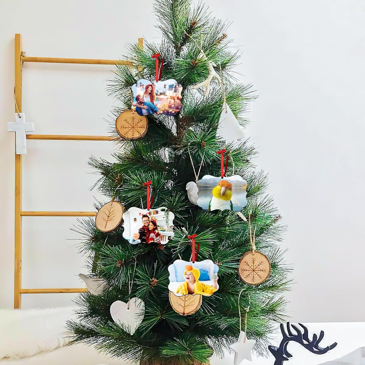 4 Pack Personalized Christmas Ornaments 2025 Wood Custom Photo Text Hanging Ornament for Christmas Tree Decorations, First Christmas Engaged/Married, New Home, Baby's First Christmas, Memorial