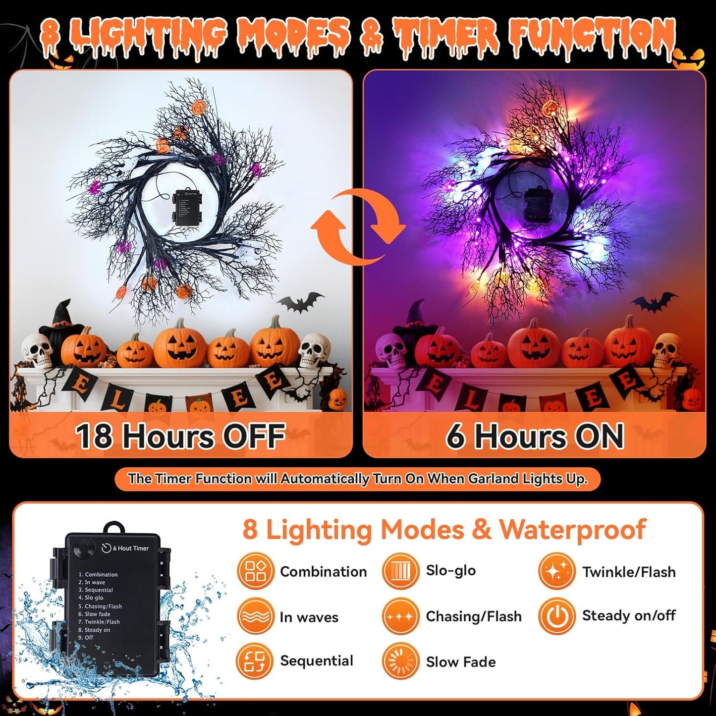 [8 Modes&Timer] 6Ft 45LED Halloween Willow Vine Twig Garland with Orange Lights - Battery Operated, Waterproof Halloween Decor for Indoor Wall, Fireplace Mantle, Home Party (Pumpkins&Bats&Ghosts, 6FT)