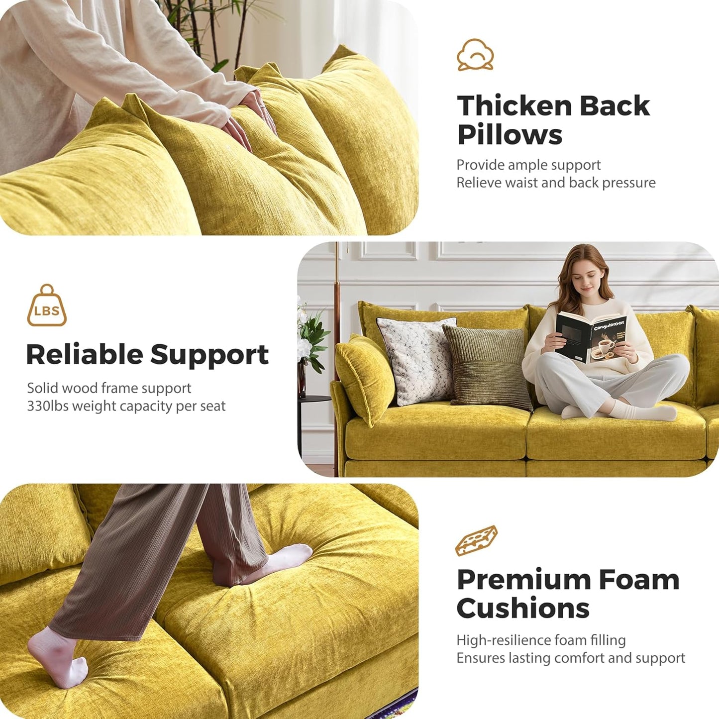 134.6" Modular Sectional Sofa, U Shaped Couch Set for Living Room, Large 8-Seater Comfy Cloud Couches with Movable Storage Ottoman,DIY Combination - Chenille Yellow