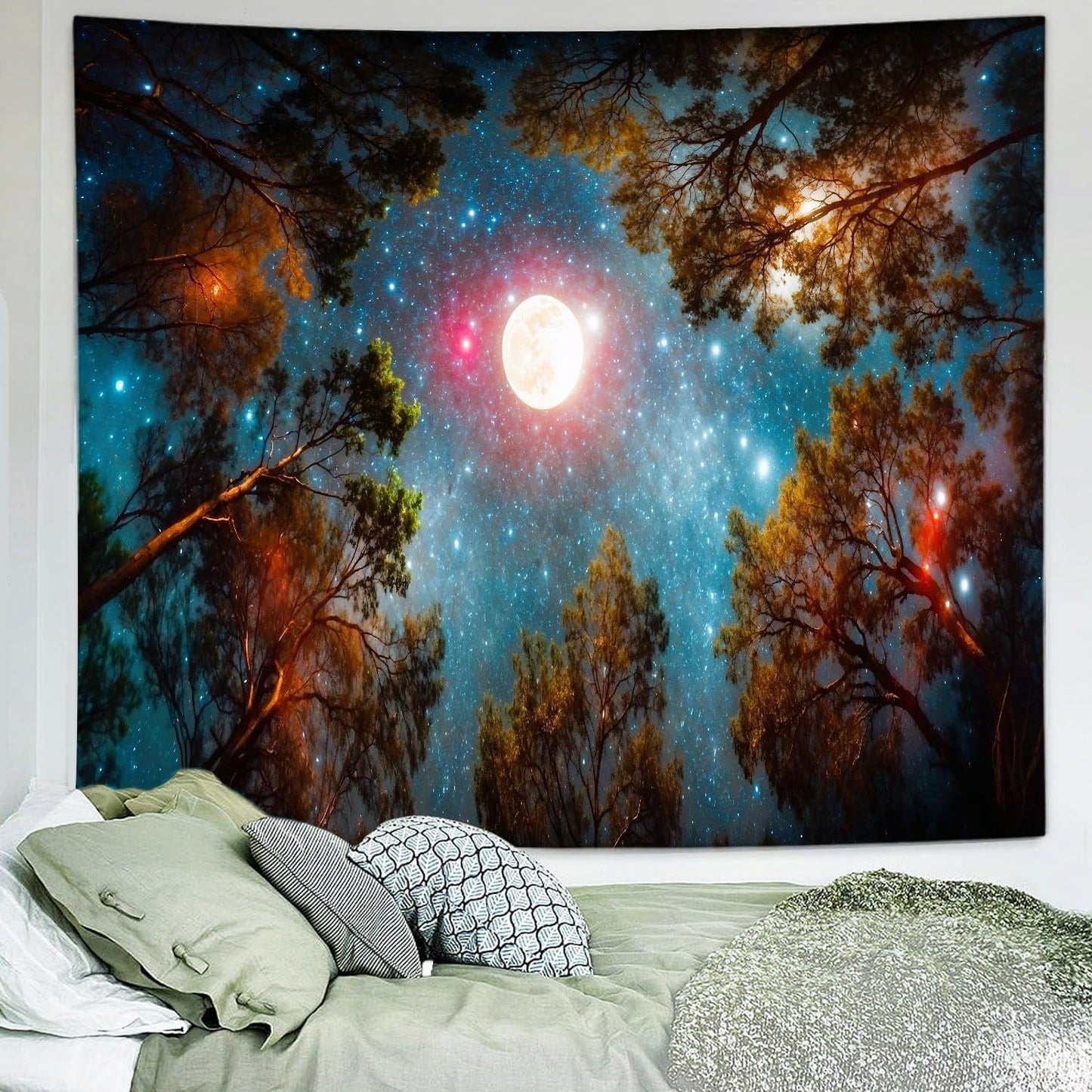 Delur Forest Tapestry Galaxy Moon Stars Night Space Starry Sky Wall Hanging Tapestry Aesthetic Tree Nature Landscape Psychedelic Headboard for Bedroom Living Room Home Decor (51.2" x 59.1")