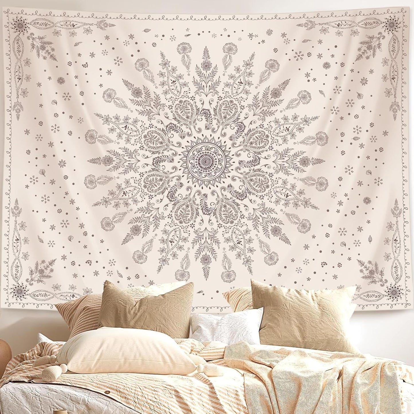 Lunerfex Boho Floral Tapestry Mandala Wall Tapestry, Cute Tapestries for Bedroom Beige Flower Tapestries Wall Hanging for Bedroom Living Room Decor Beige-1 60"x80"