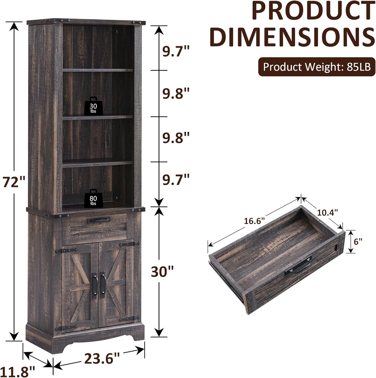 OKD 72'' Tall Bookshelf with Storage, Farmhouse 4 Tier Bookcase w/Barn Door, Adjustable Shelves and Drawers, Rustic Wooden Office Bookshelves for Home Bedroom, Living Room, Library (Dark Rustic Oak)