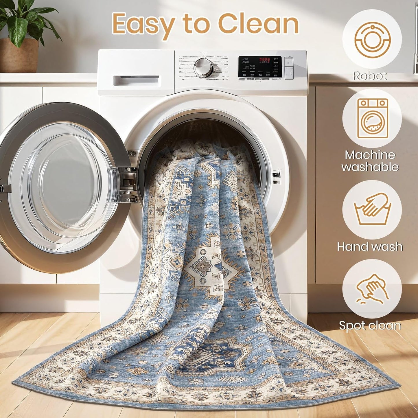 Washable Area Rugs for Living Room -10x14 Neutral Vintage Distressed Floral Farmhouse Boho Large Soft Floor Rug Indoor Non Slip Carpet for Living Room Bedroom Dining Room Office - Blue