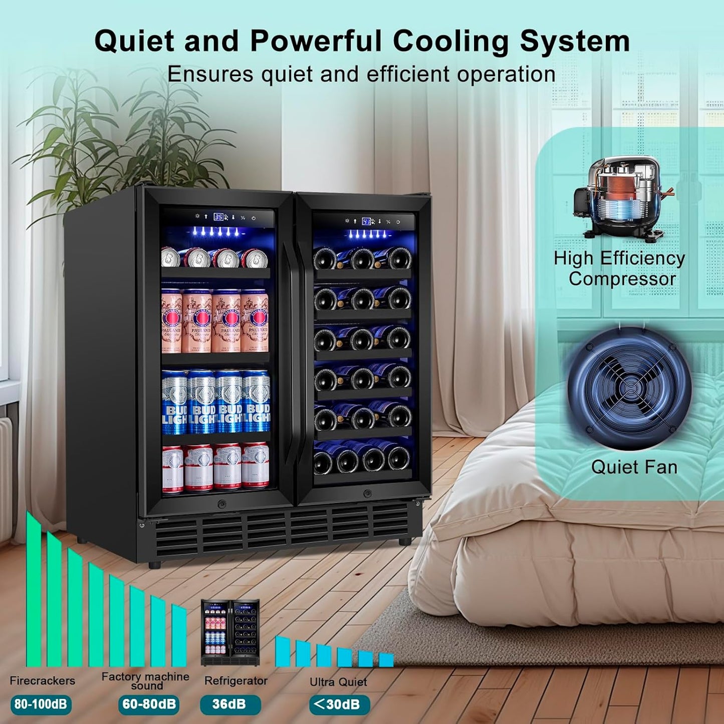 30'' Wine and Beverage Refrigerator, Upgrade Dual Zone Wine Cooler, 30 Inch Wine beverage Fridge Built in or Freestanding Under Counter Large Capacity Glass Door Advanced Cooling System,Black