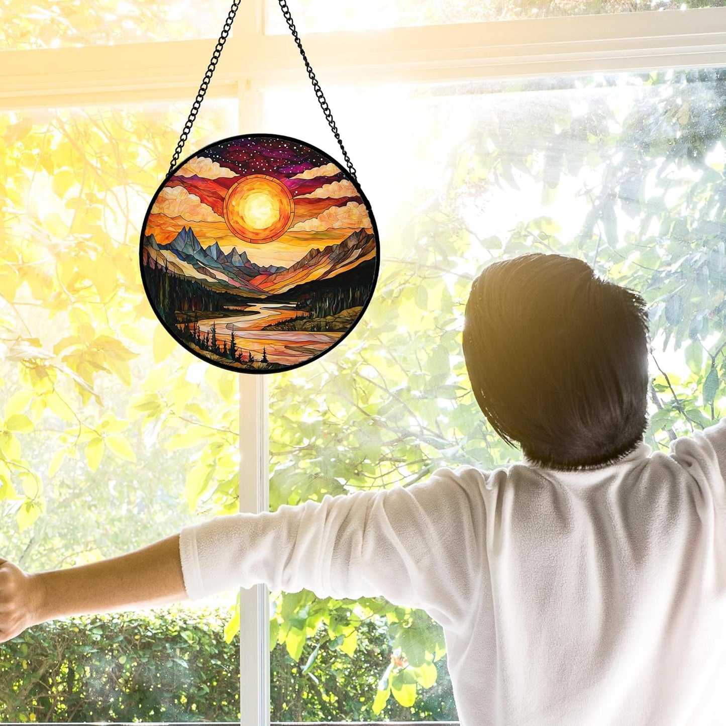 Stained Glass Window Hanging, Dusk Sunset Landscape Sun Catchers Glass Panel Lakes and Mountains Suncatcher Decor for Birthday for Women, Men, Wife, Aunt, and Mom 6.3 in