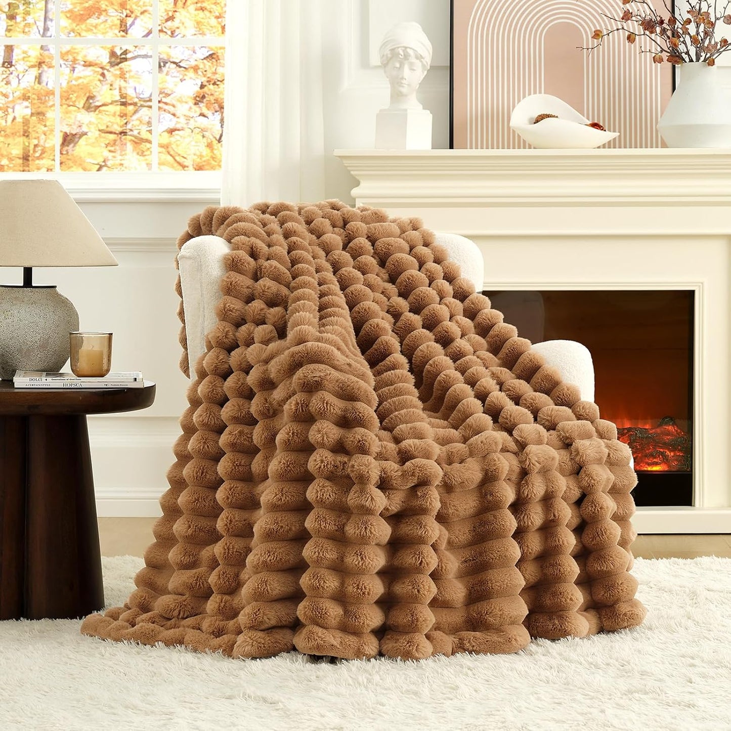 Cozy Bliss Faux Fur Throw Blanket for Couch, Cozy Warm Plush Striped Blanket for Sofa Bedroom Living Room, 50 * 60 Inches Toasty Brown