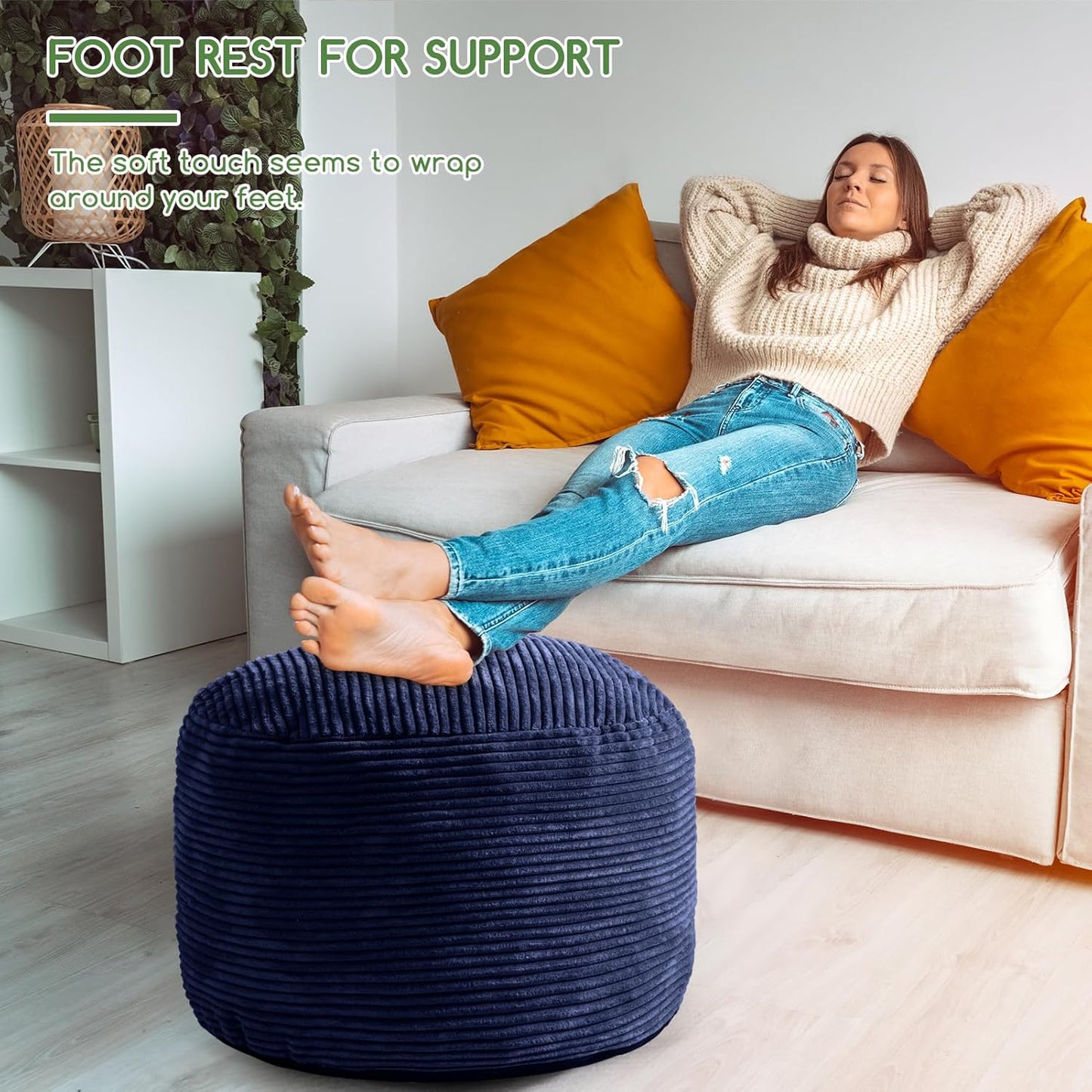 HIGOGOGO Round Stuffed Pouf Ottoman, Corduroy Poufs with Foam Chunk Filling, Furry and Fluffy Pouf Foot Stool Storage Ottoman, 26 X 18 Floor Poufs Foot Rest for Living Room, Navy