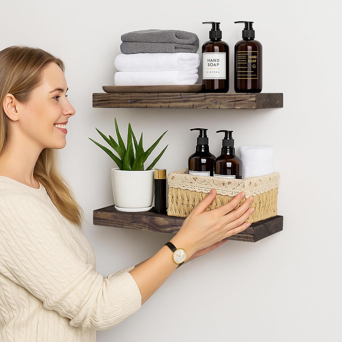 BGMG Floating Shelves 16 inch Long, Distressed,Wide Rustic Wooden Wall Shelves for Bathroom Living Room Bedroom Kitchen Farmhouse Set of 2-16x6.7x1.25 inch-Distressed Walnut