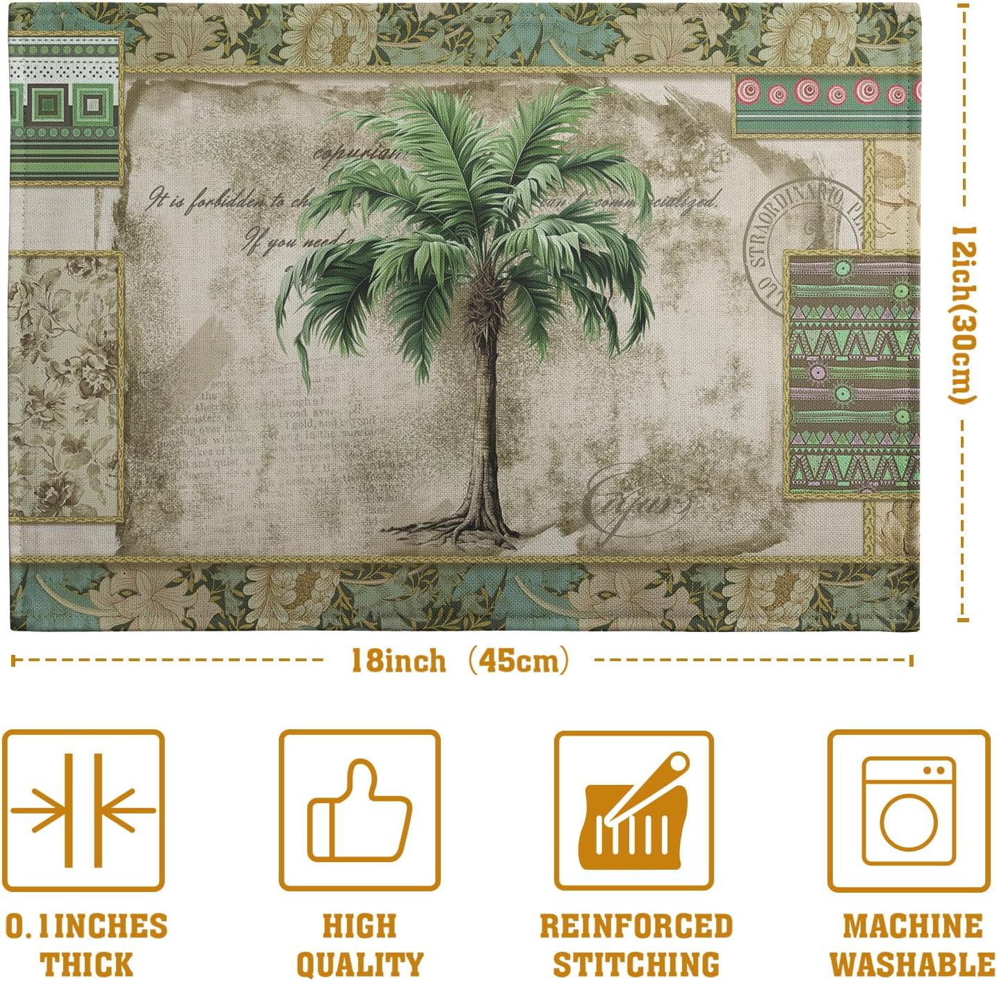Tropical Palm Tree Placemats Set of 4 Summer Vintage Green Leaf Kitchen Table Mat 12x18 Inch Hawaii Beach Jungle Plant Tree Heat Resistant Washable Linen Place Mats for Dining Tables