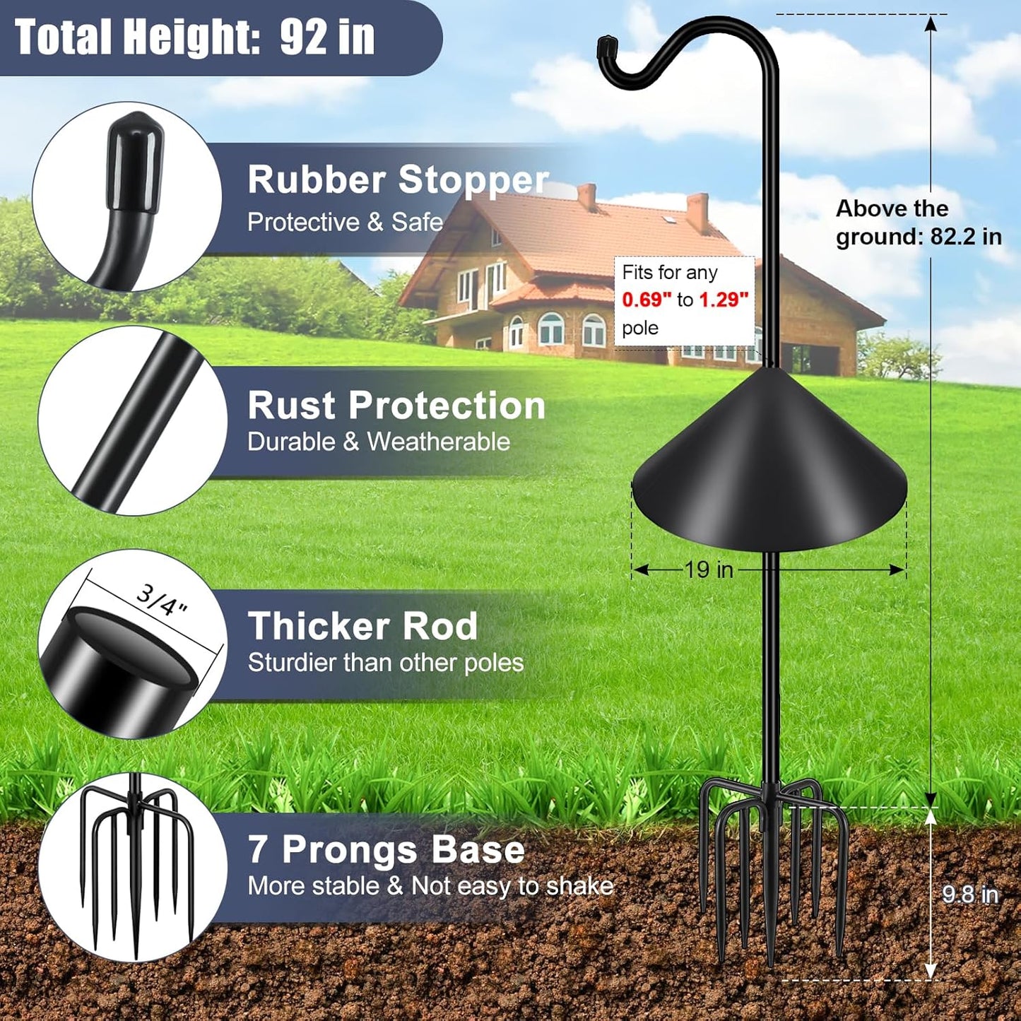 Gtongoko Bird Feeder Pole Squirrel Proof 92 Inch Shepherds Hook for Outdoor with Squirrel Baffles Adjustable Heavy Duty with 7 Prongs Base for Hanging Plants, Bird Feeders, Black