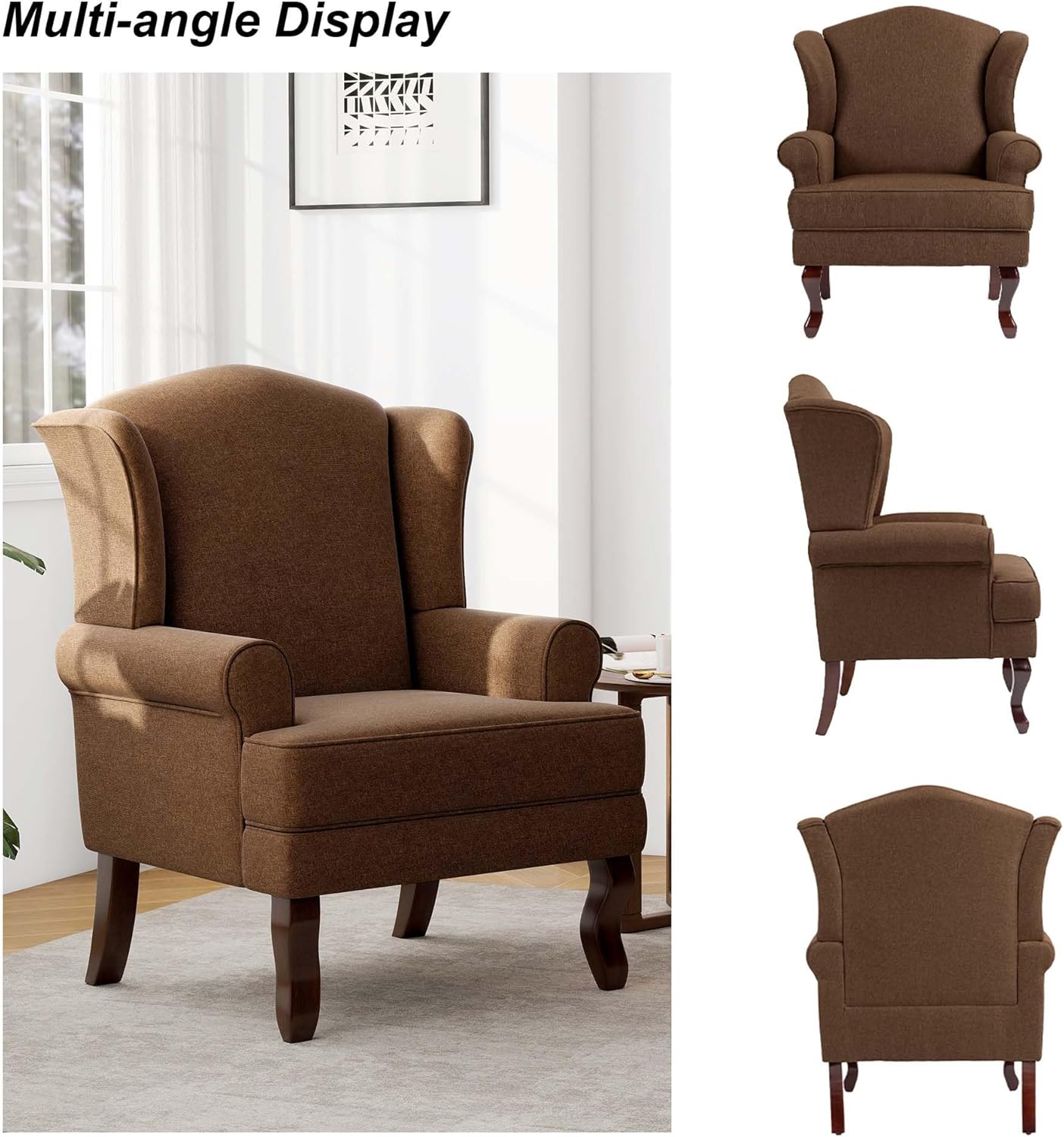 Accent Chair, High Back Upholstered Armchair with High Resilience Sponge & Wood Legs, Mid-Century Modern Comfy Single Sofa Reading Chairs for Living Room, Bedroom (Brown, Set of 2)