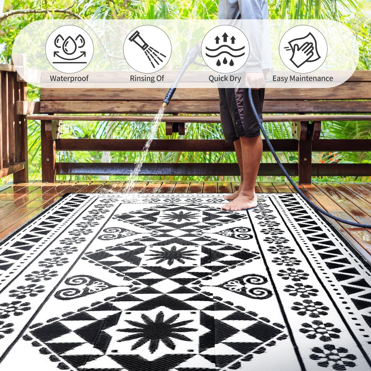 Waterproof Outdoor Rug 8x10ft, Reversible Plastic Straw Mat Rugs for Patio RV Deck Porch Backyard Balcony Camping Picnic Beach Indoor Outdoor Carpet, Black&White