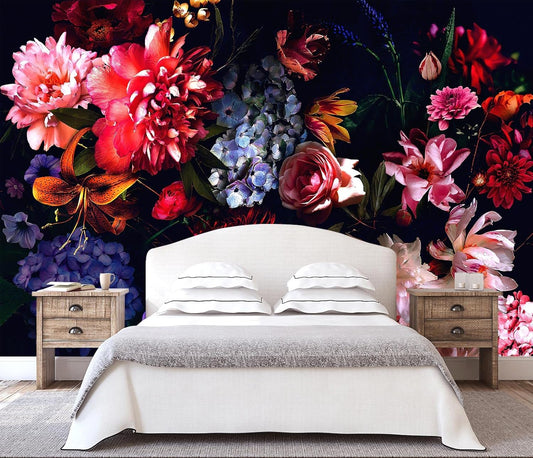 WFBHUA-Dark Floral Wallpaper Watercolor Pink and Blue Flower Wall Mural for Bedroom (Not Peel and Stick)