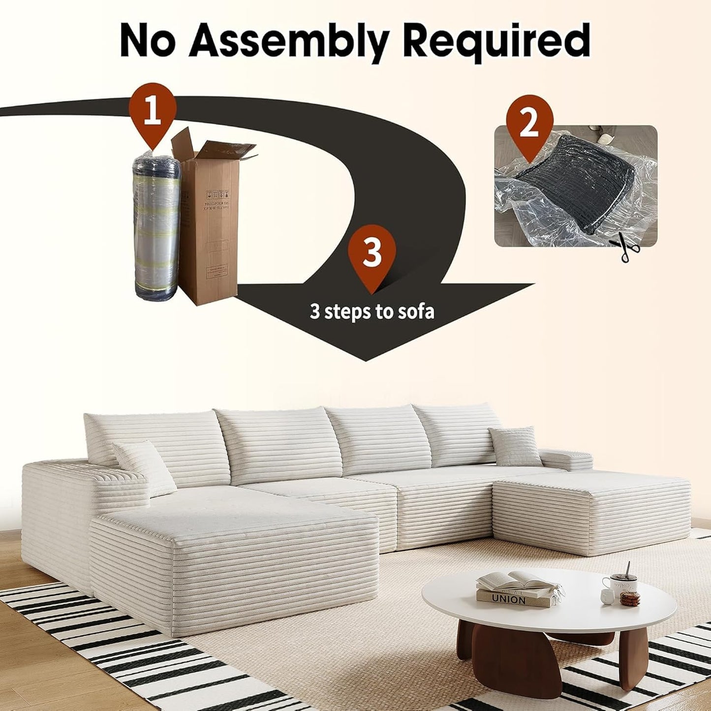 136" Sectional Couches for Living Room Modern Modular Sofa with L-Shape Couchs Upholstered Boneless Couch Deep Seat Sectional Couch with Chaise (White, Left Facing Chaise+3Seaters+Ottoman)