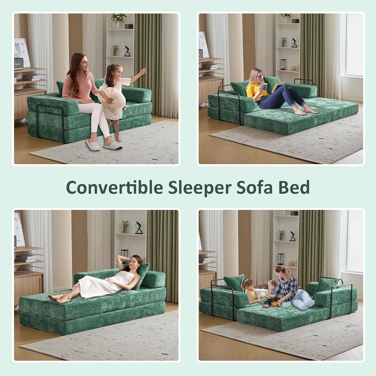 Convertible Sleeper Sofa Bed, Compression Folding Sofa with Pillow, No Assembly Required, Shape Frame, Floor Sofas Lounge Couch for Living Room, Bedroom, Small Spaces(Chenille, 77''W, Dark Green)