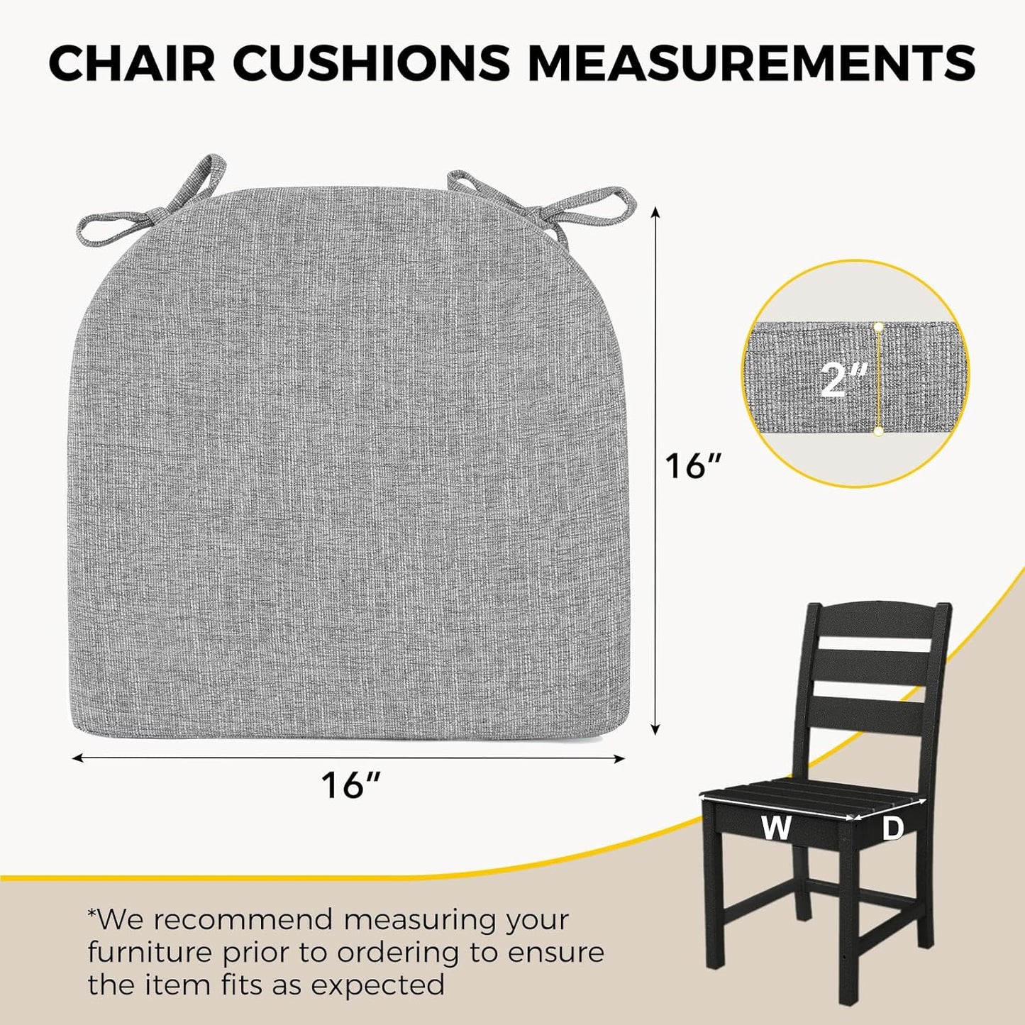 downluxe Indoor Chair Cushions for Dining Chairs, Soft and Comfortable Textured Foam Kitchen Chair Pads with Ties and Non-Slip Backing, 16" x 16" x 2", Light Grey, 6 Pack