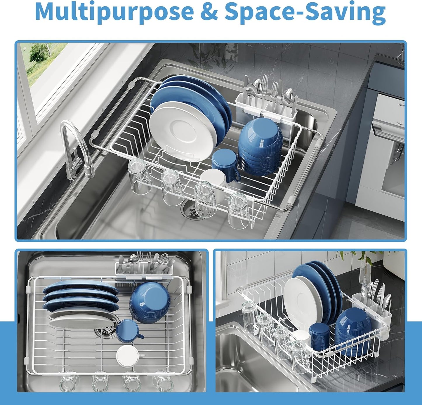 Dish Drying Rack in Sink, Small Dish Drainers for Inside Sink, Over The Sink Dish Racks, Stainless Steel Drying Rack with Utensil Holder, White