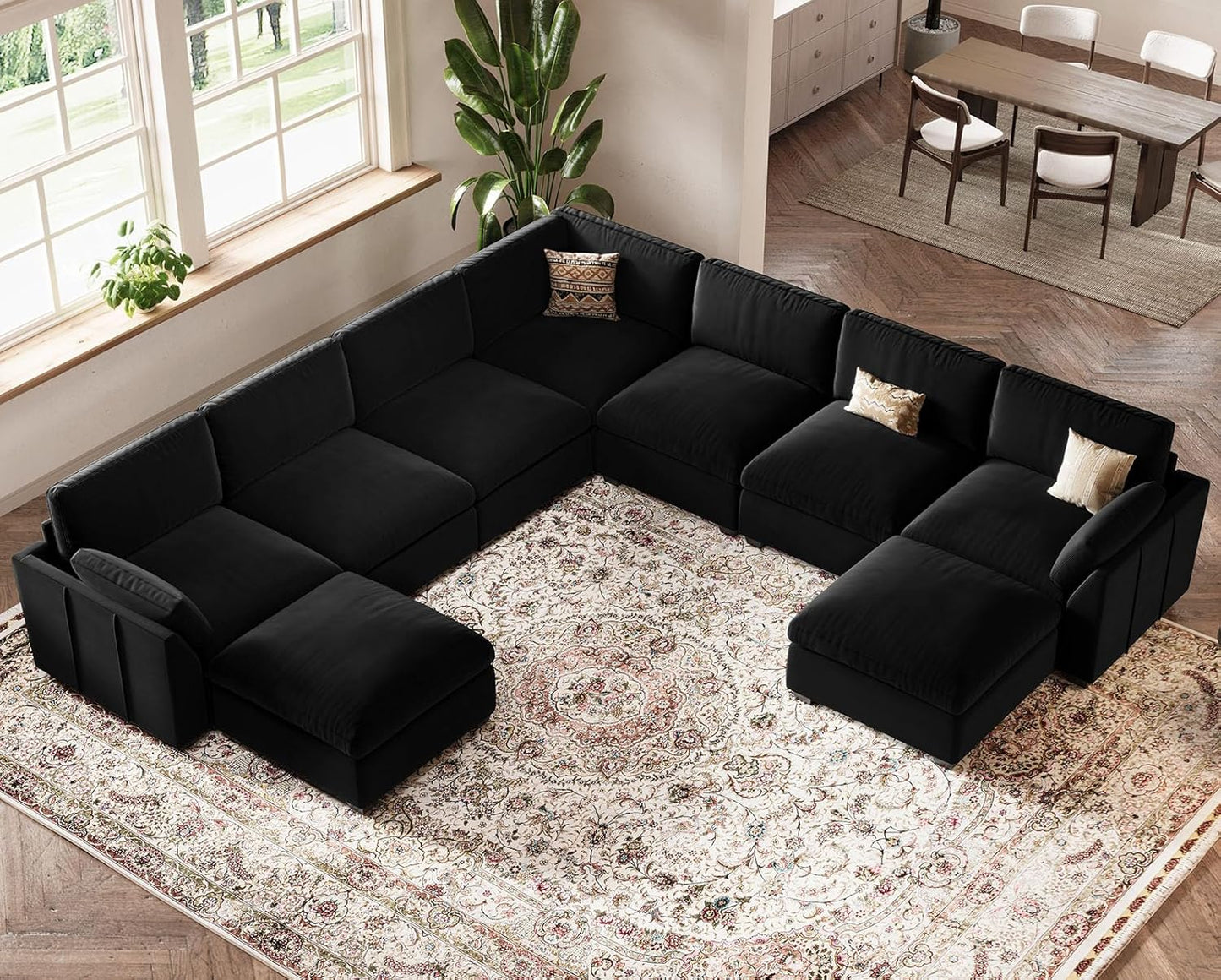 Belffin Oversized Sectional Couch with Movable Ottoman,Modern 137.8" 9-Seater Modular Sectional Sofa,Convertible Velvet U Shaped Sectional Couches for Living Room,Black