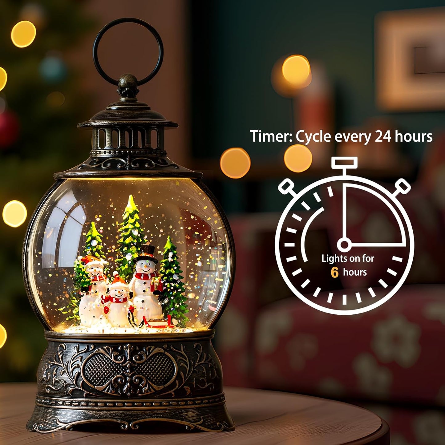 Christmas Snow Globes Christmas Water Lantern with Snowman Family with sled Christmas Tree Music & 6H Timer, USB Lined/Battery Operated Lighted Lanterns for Xmas Festival Decoration Gifts