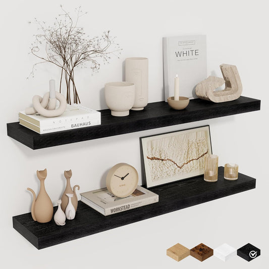 Fun Memories 32Inch Floating Shelves for Wall 2 Pack Wood Shelves for Kitchen, Bathroom, Bedroom Wall Mounted Rustic Wood Floating Shelf with Invisible Brackets for Books, Storage, Decor, Black