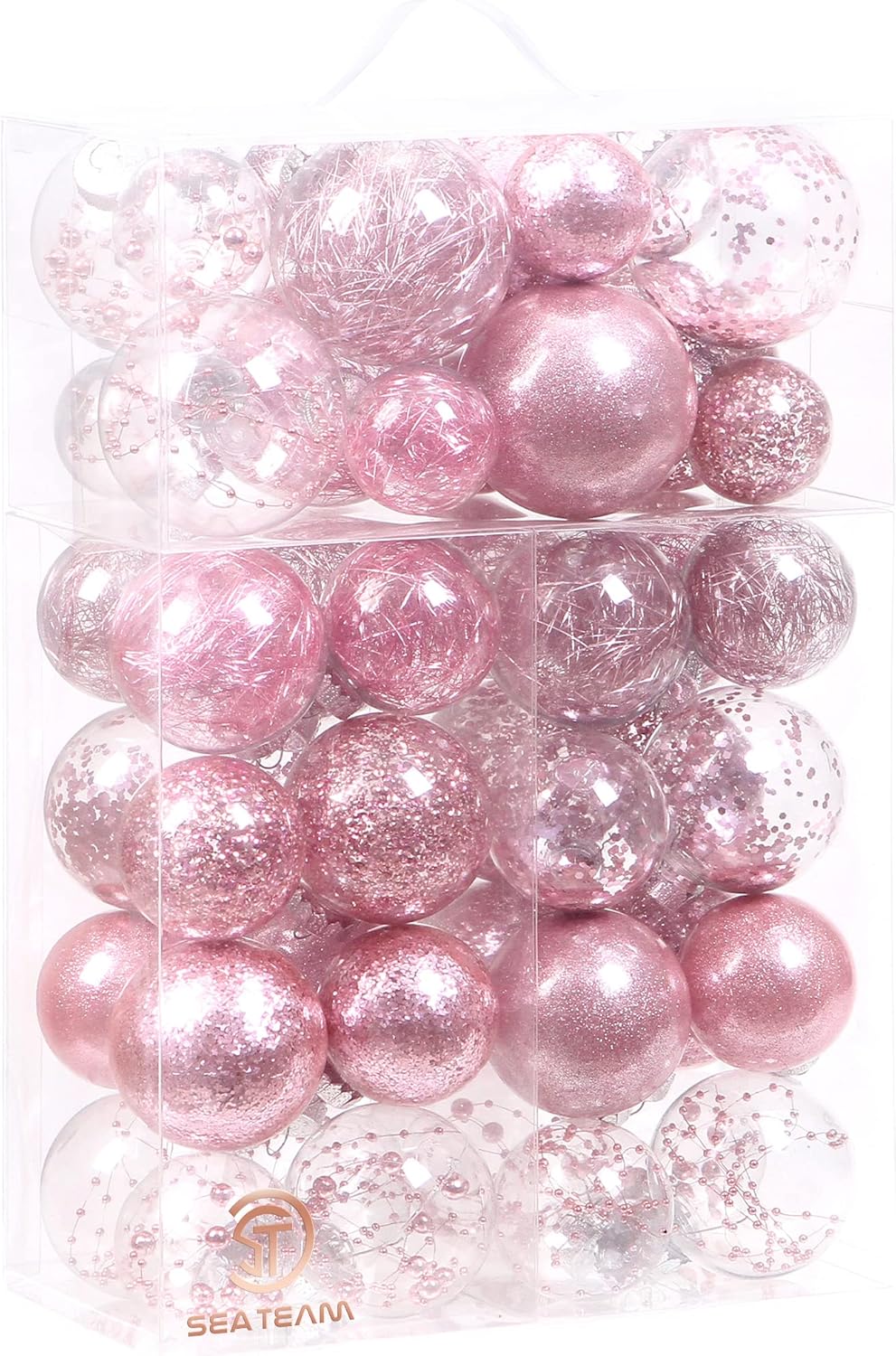 Sea Team Christmas Baubles Set of 48 Shatterproof Clear Plastic Christmas Baubles Multi-Size Decorative Baubles with Stuffed Delicate Decorations (48 Pieces, Pink)