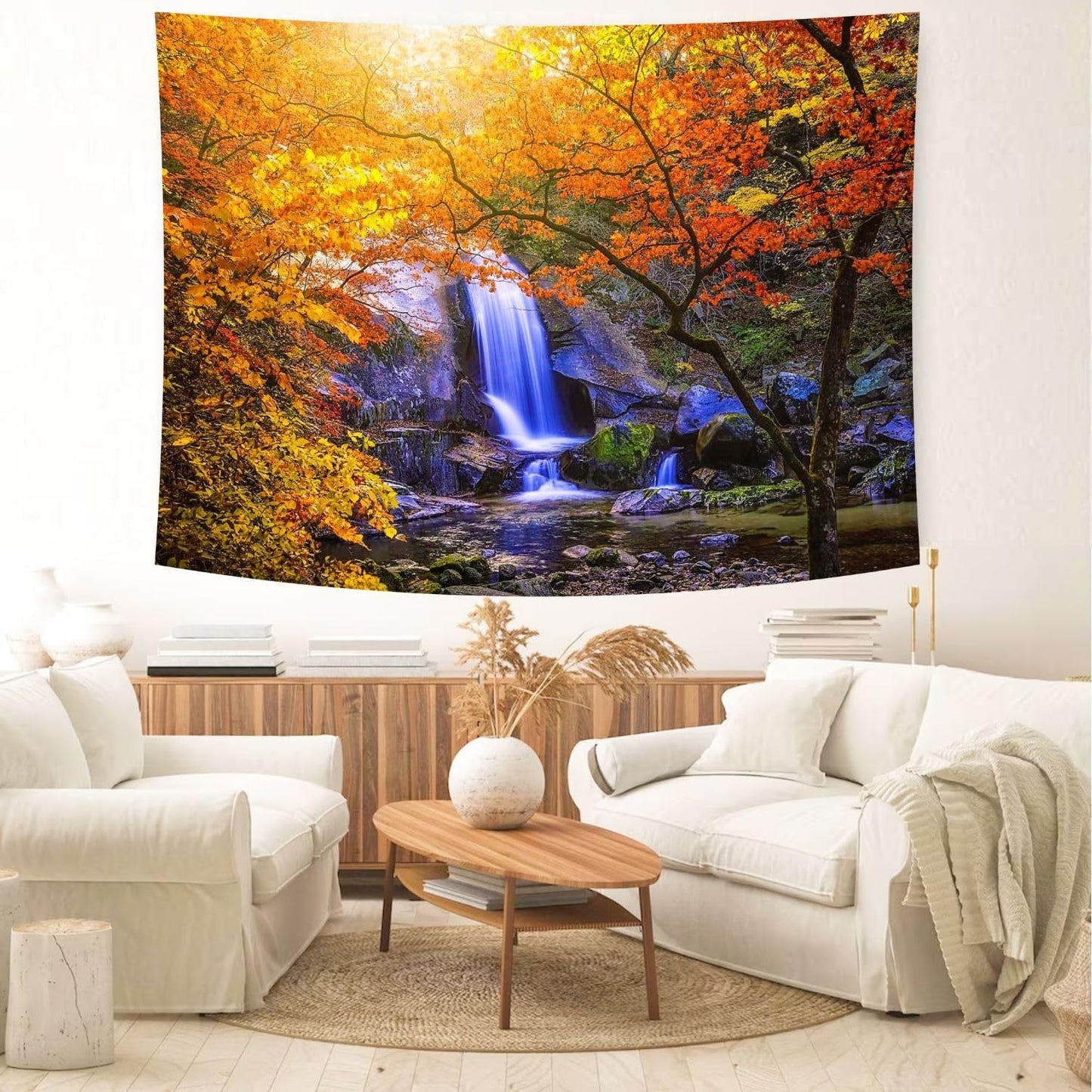 Delur Waterfall Tapestry Forest Nature Scenic Tree Mountain Sunset Tapestry Wall Hanging Natural Landscape Sunrise Headboard for Bedroom Living Room Home Decor (59.1" x 78.7")