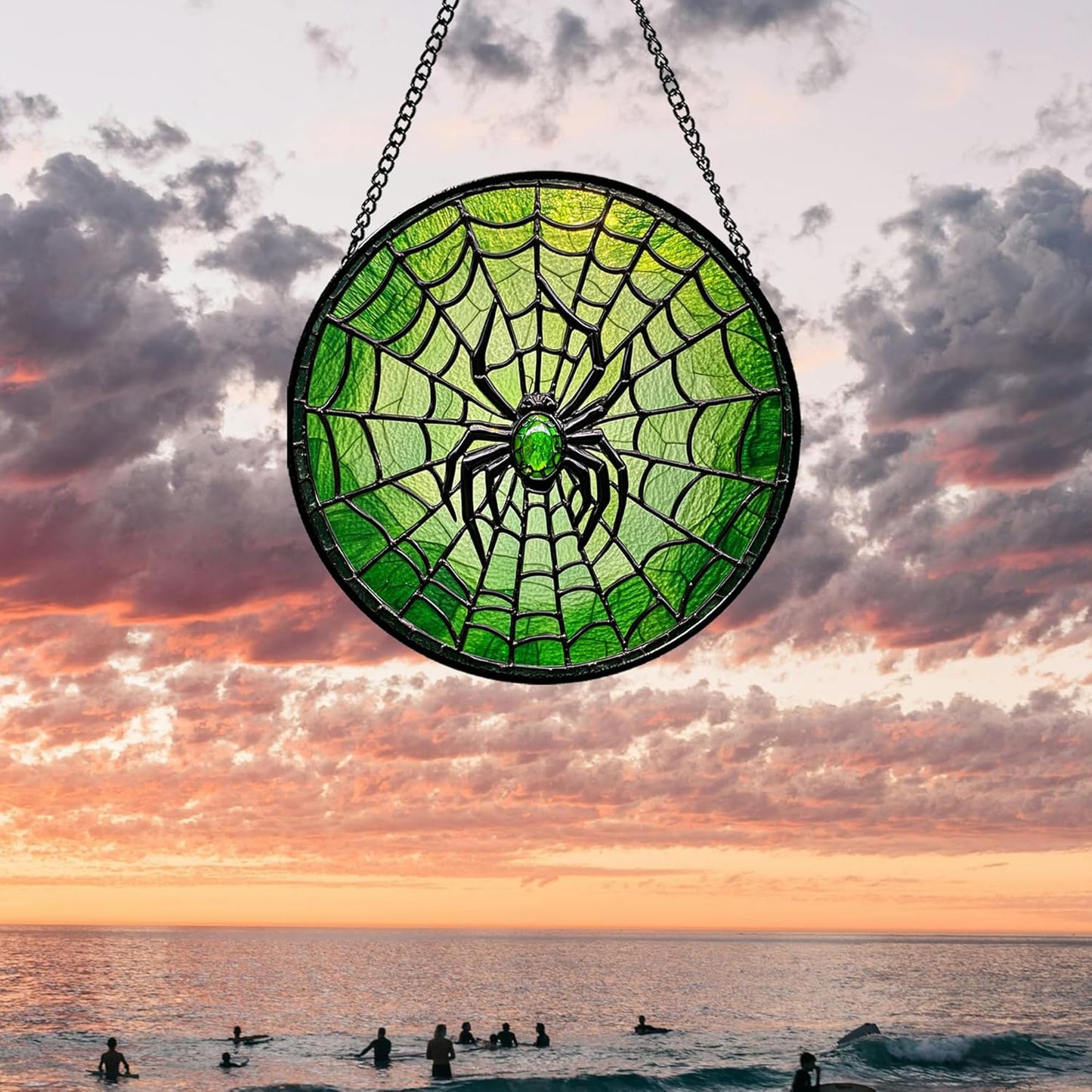 Stained Glass Window Hanging - Black Green Horror Spider Web Suncatcher for Doors Garden Patio Sun Catchers Decor Christmas Halloween Birthday Gifts for Women Men Mom Nana Friend 6.3 in