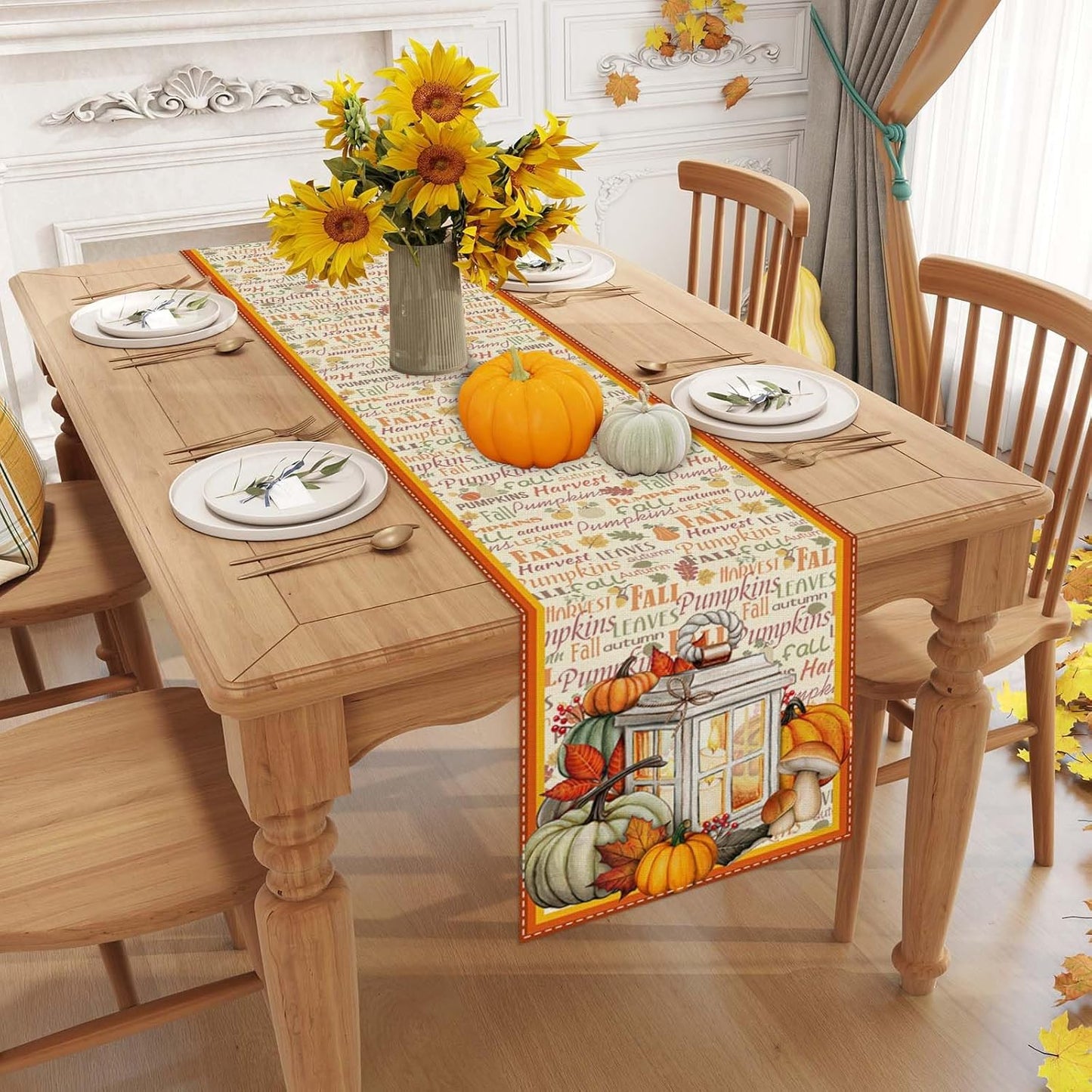 Linen Fall Table Runner 36 Inches Long - Farmhouse Leaves Pumpkin Table Decor for Autumn Thanksgiving Home Kitchen Dining Room Decorations