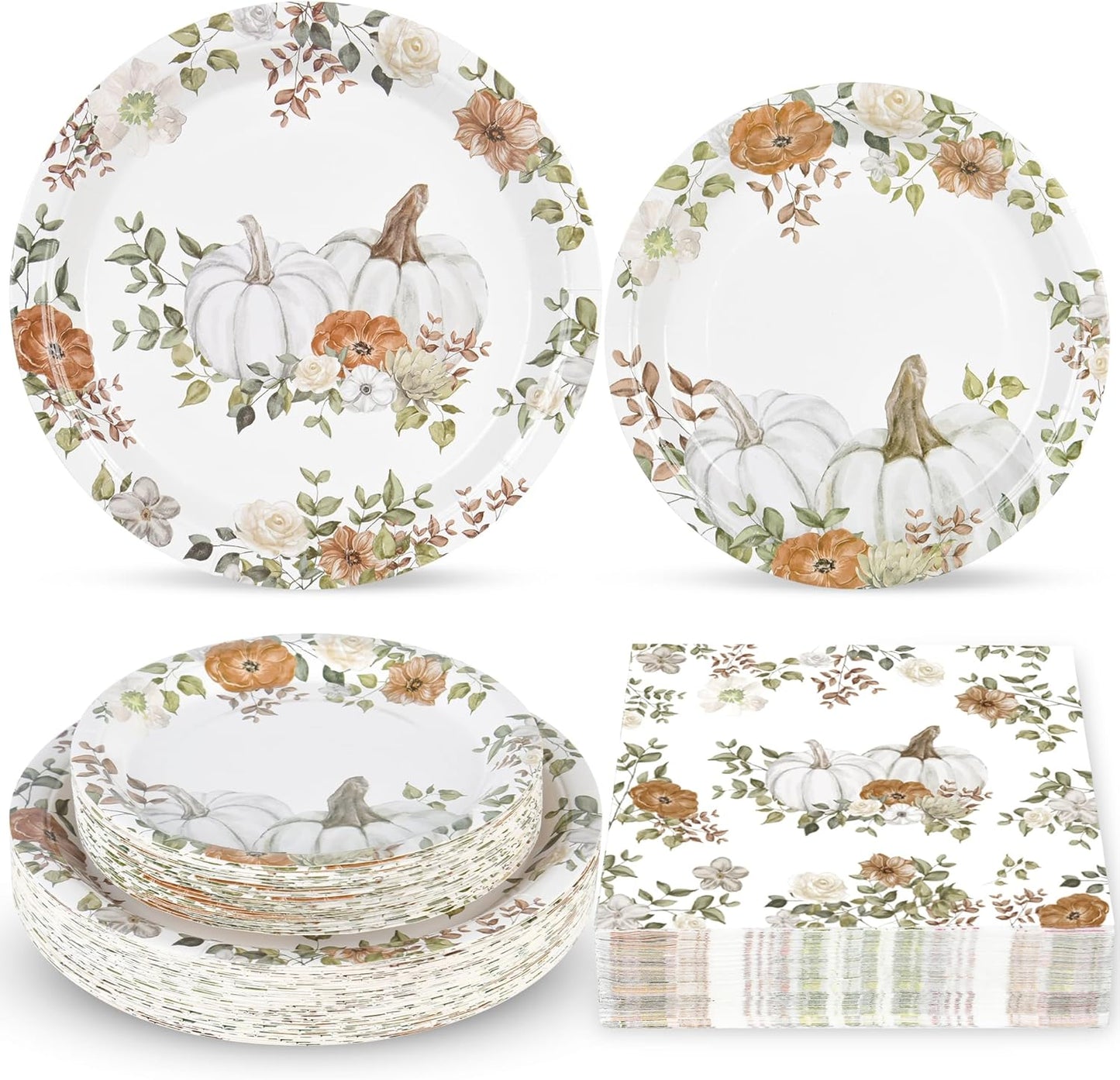 150Pcs Fall Paper Plates and Napkins Party Supplies Autumn Thanksgiving Disposable Plates Napkin White Pumpkin Plates Tableware Set for Fall Decor Thanksgiving Party Supplies,Serve 50 Guests