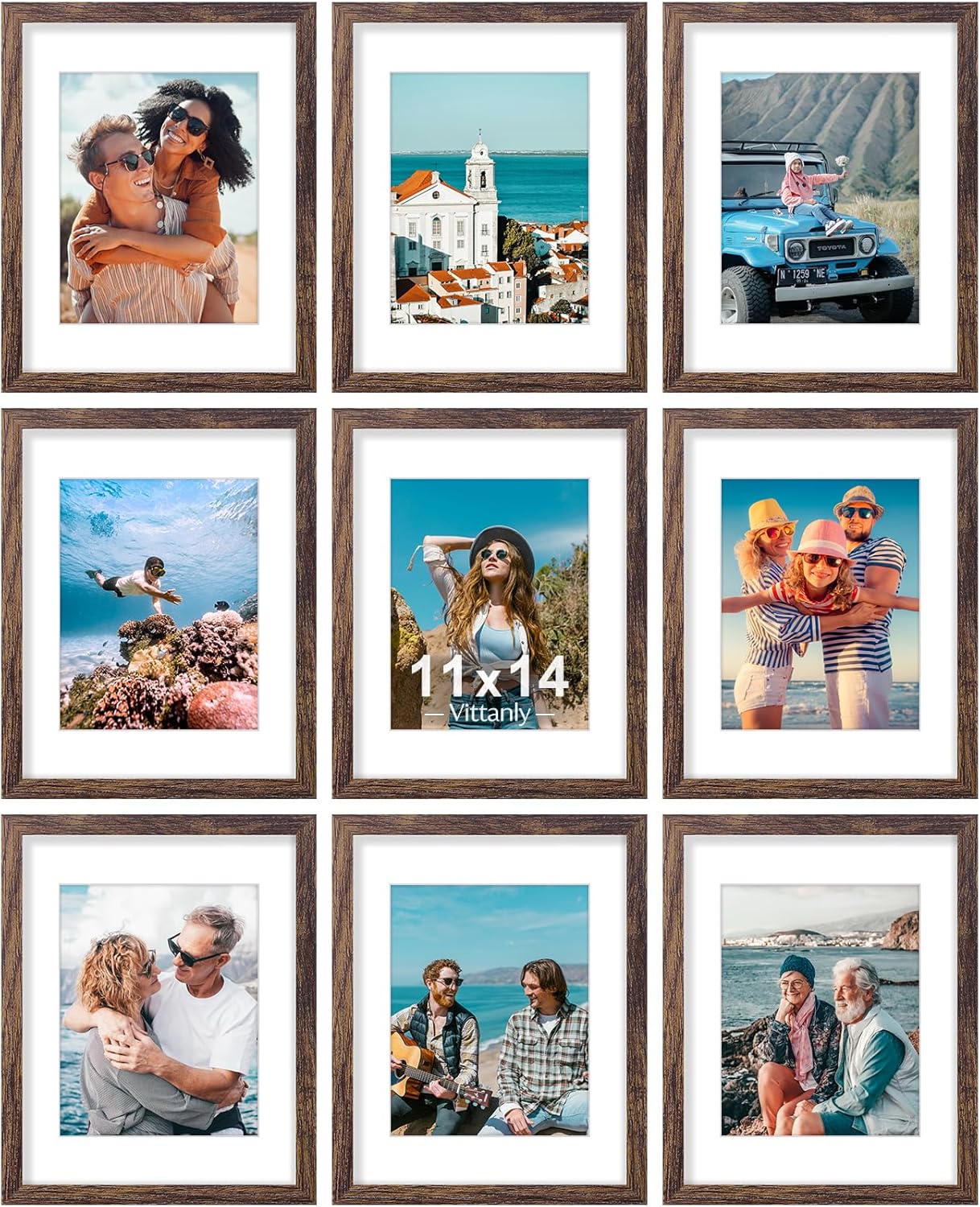 Vittanly 11x14 Picture Frames Set of 9, Shatter Resistant Plexiglass, Display 8x10 Pictures with Mat or 11x14 without Mat, Photo Frames for Wall or Tabletop, Engineered Wood, Brown