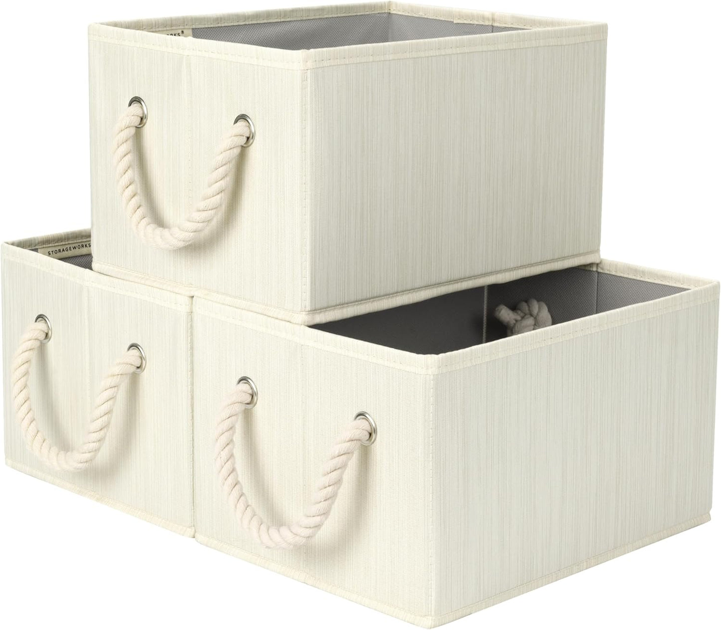 StorageWorks Storage Baskets for Shelves, Foldable Fabric Closet Storage Bins with Handles, Fabric Storage Bins Clothes Organizer, Beige, White & Ivory, 3-Pack, Small
