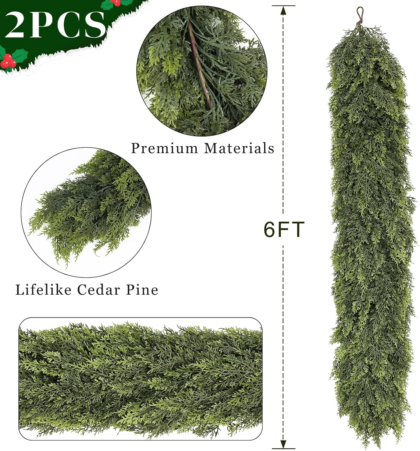 6FT Real Touch Cedar Garland for Fireplace - Artificial Christmas Garlands Realistic Faux Greenery Fake Pine Needles Garland for Holiday,Table, Window,Mantel,Stairs, Home,Indoor Outdoor Decor (2PCS)