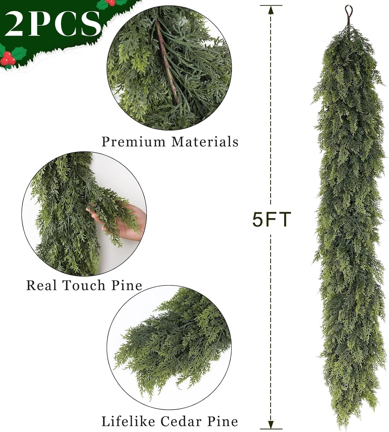 Real Touch Cedar Garland - Artificial Christmas Garlands Faux Green Cedar Fake Pine Needles Garland for Fireplace,Table, Stairs, Mantle, Window,Indoor Outdoor,Home,Holiday Decor(2 PCS,5 FT)