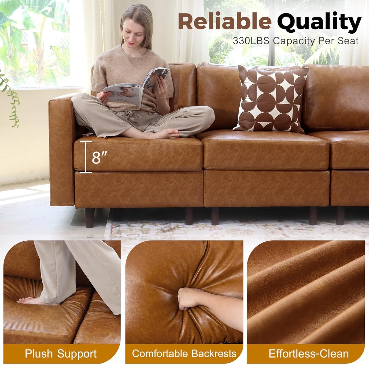 118.5" Faux Leather Modular Sectional Sofa with Storage Seat, Oversized 4 Seater Couch Deep Seat with Removable Cover Brown