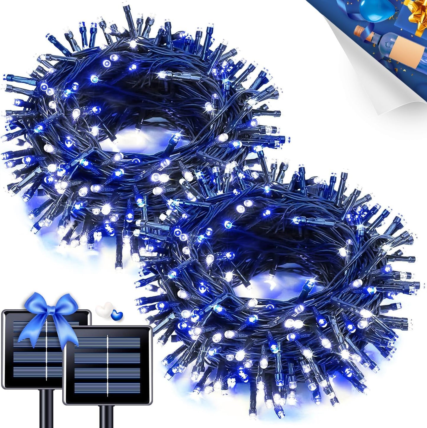 JMEXSUSS 2 Pack Blue & White Solar String Lights, Each 100 LED 33ft, Waterproof, 8 Modes for Outside Garden Patio Party Decoration