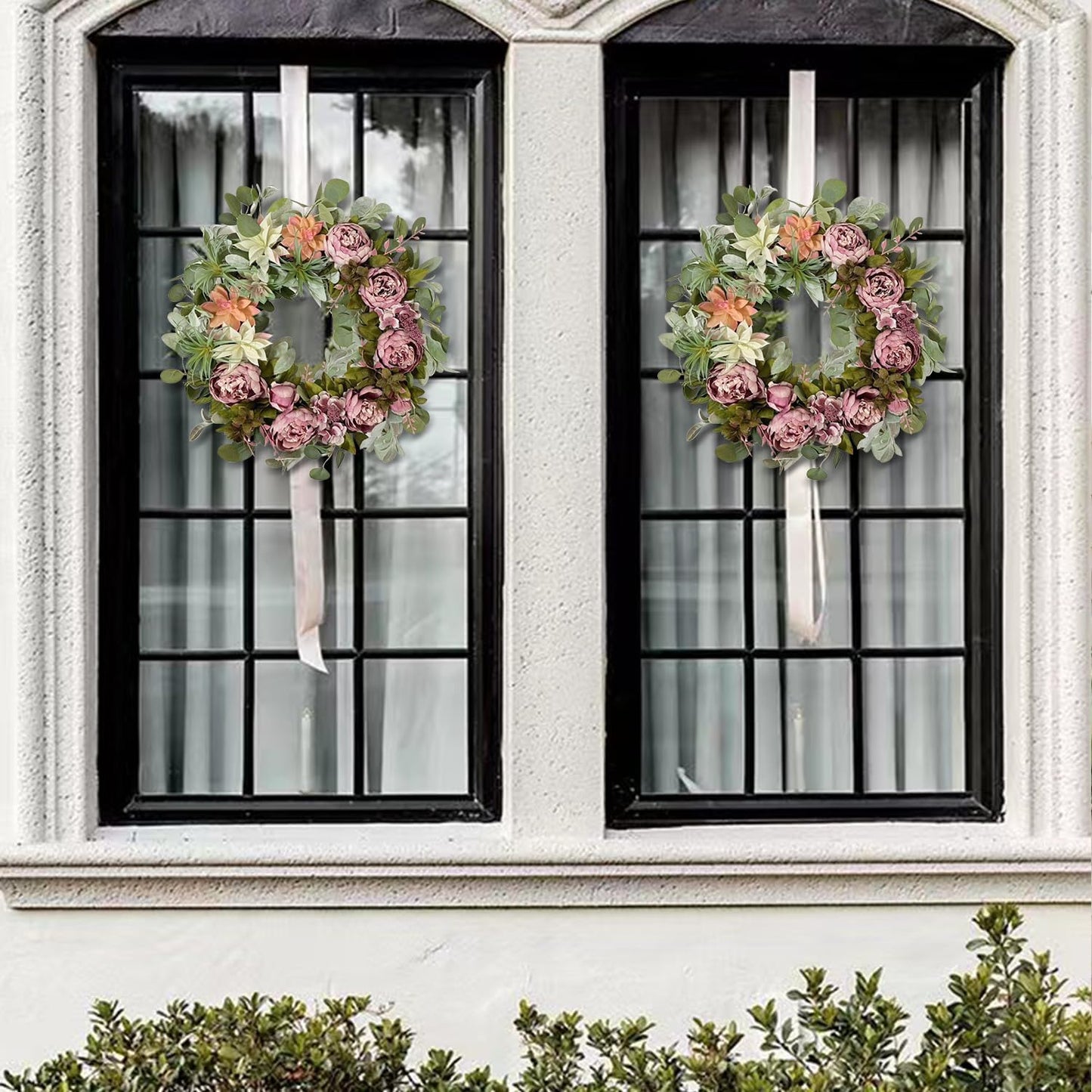 WANNA-CUL 24 Inch Spring Peony Wreaths for Front Door,Succulent Summer Wreath with Pink Peony Floral, Spring Front Door Decor with Succulent Arrangement Decoration