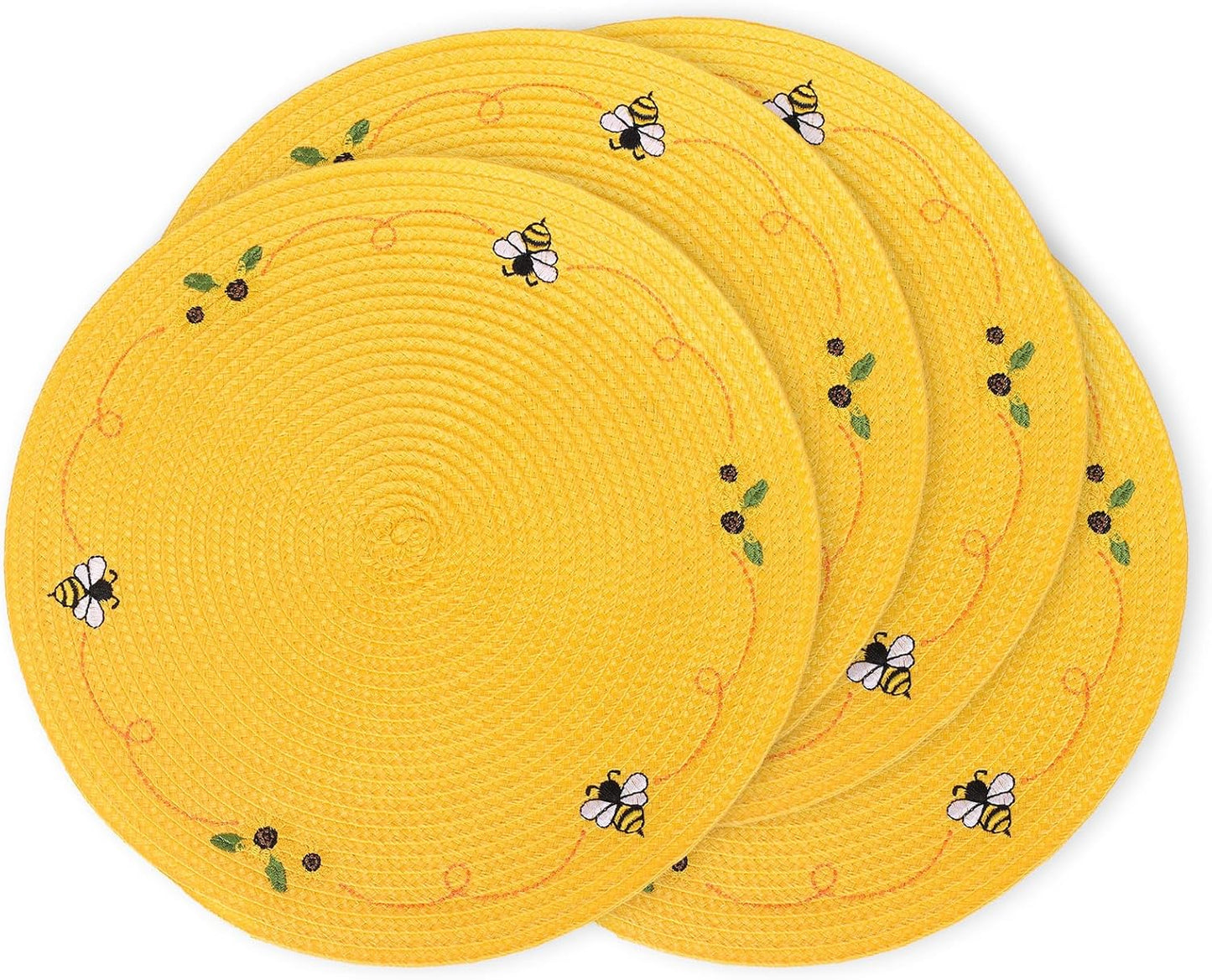 Whaline 4Pcs Round Placemats Bee Sunflower Embroidered Place Mats Bee Floral Dinner Table Mats for Home Spring Summer Holiday Birthday Baby Shower Party Decor