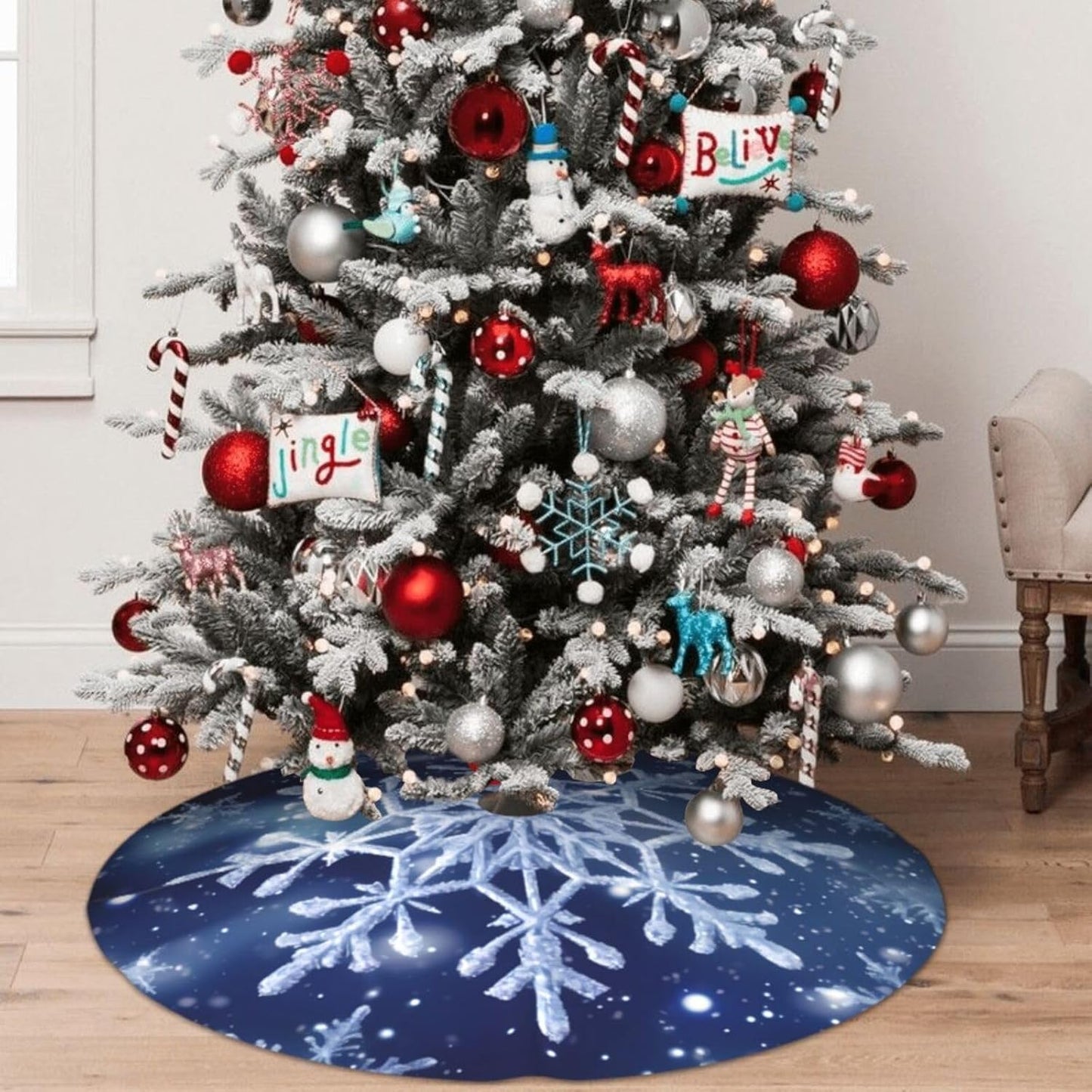 36" Blue Snowflakes Christmas Tree Skirt, Tree Mat Base Cover for Xmas Festive Holiday Party Decoration Ornaments