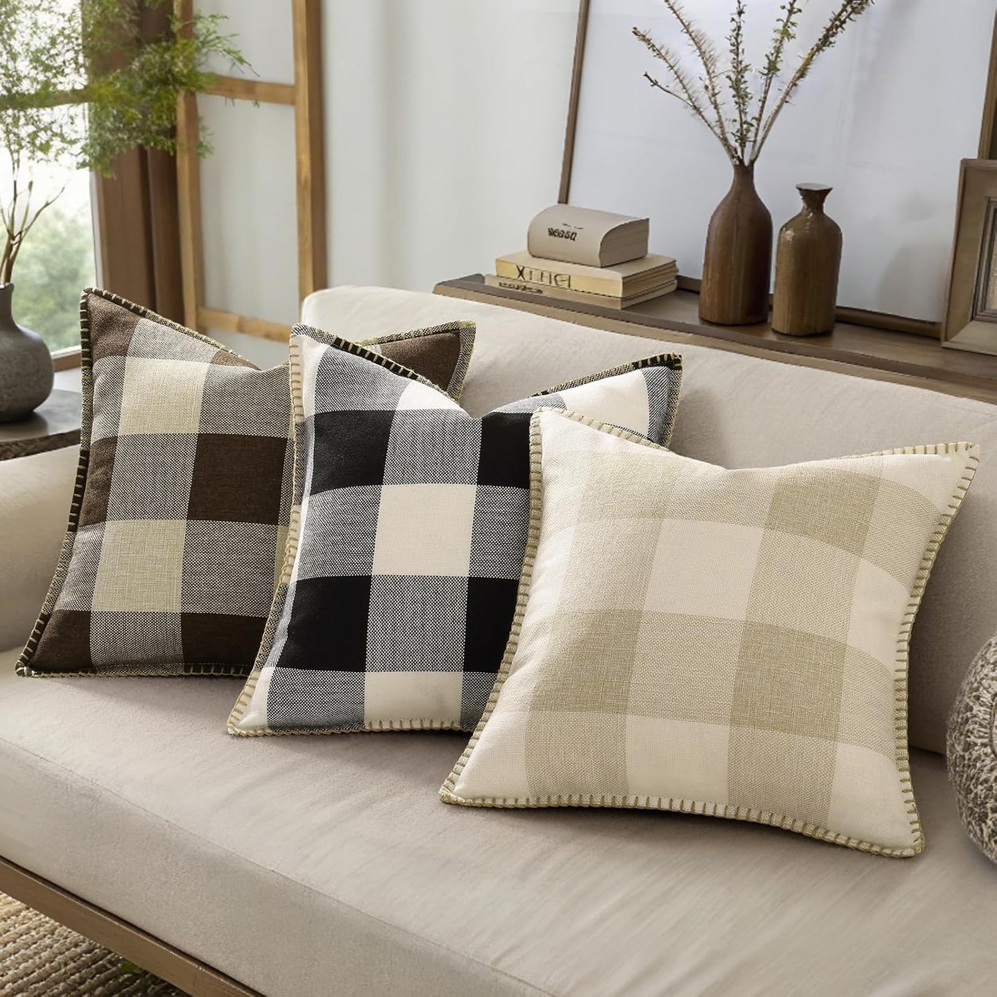 decorUhome Buffalo Plaid Check Throw Pillow Covers 16x16 Set of 2, Outdoor Decorative Farmhouse Neutral Pillow Covers with Stitched Edge for Bed Couch Sofa, Brown and Beige