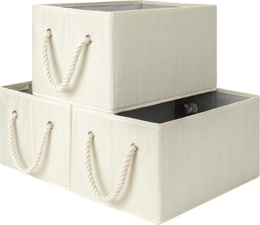 StorageWorks Storage Baskets for Shelves, Foldable Fabric Closet Storage Bins with Handles, Fabric Storage Bins Clothes Organizer, Beige, White & Ivory, 3-Pack, Large