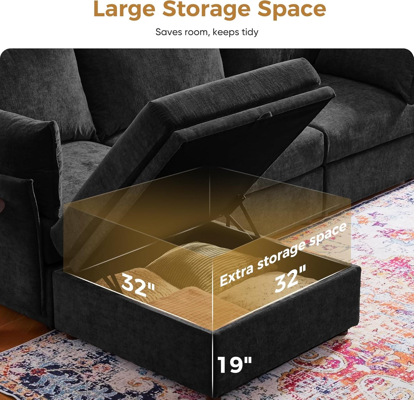 134.6" Oversized Modular Sectional Sofa, Large 7 Seater U Shaped Couch with Storage Ottoman with Reversible Chaise Deep Seat for Living Room, Apartment - Chenille Black