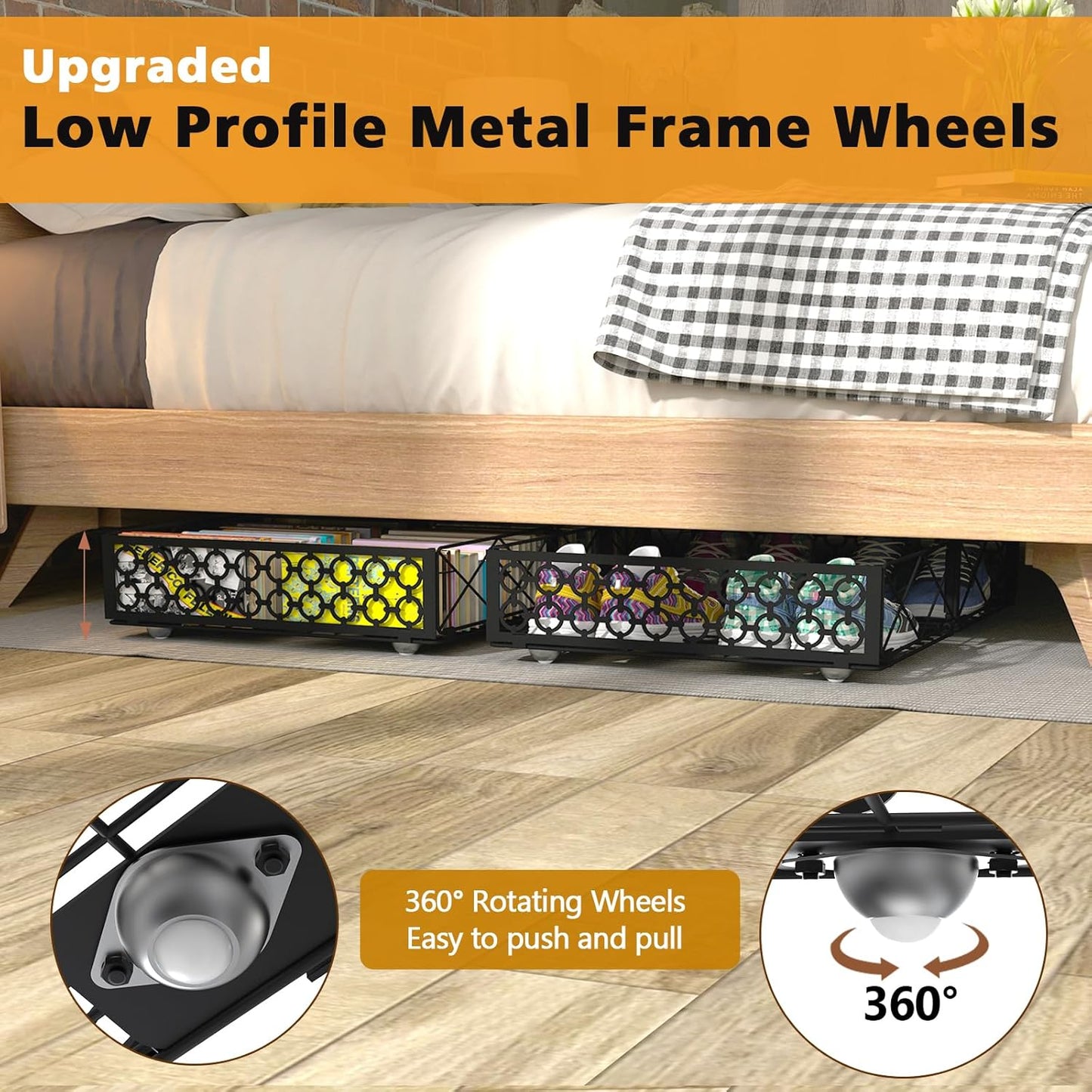 NADAMOO Large Under Bed Storage with Wheels, Low Profile Rolling Under Bed Storage Containers，Foldable Metal Under the Bed Organizer Bins for Bedroom，1 Pack