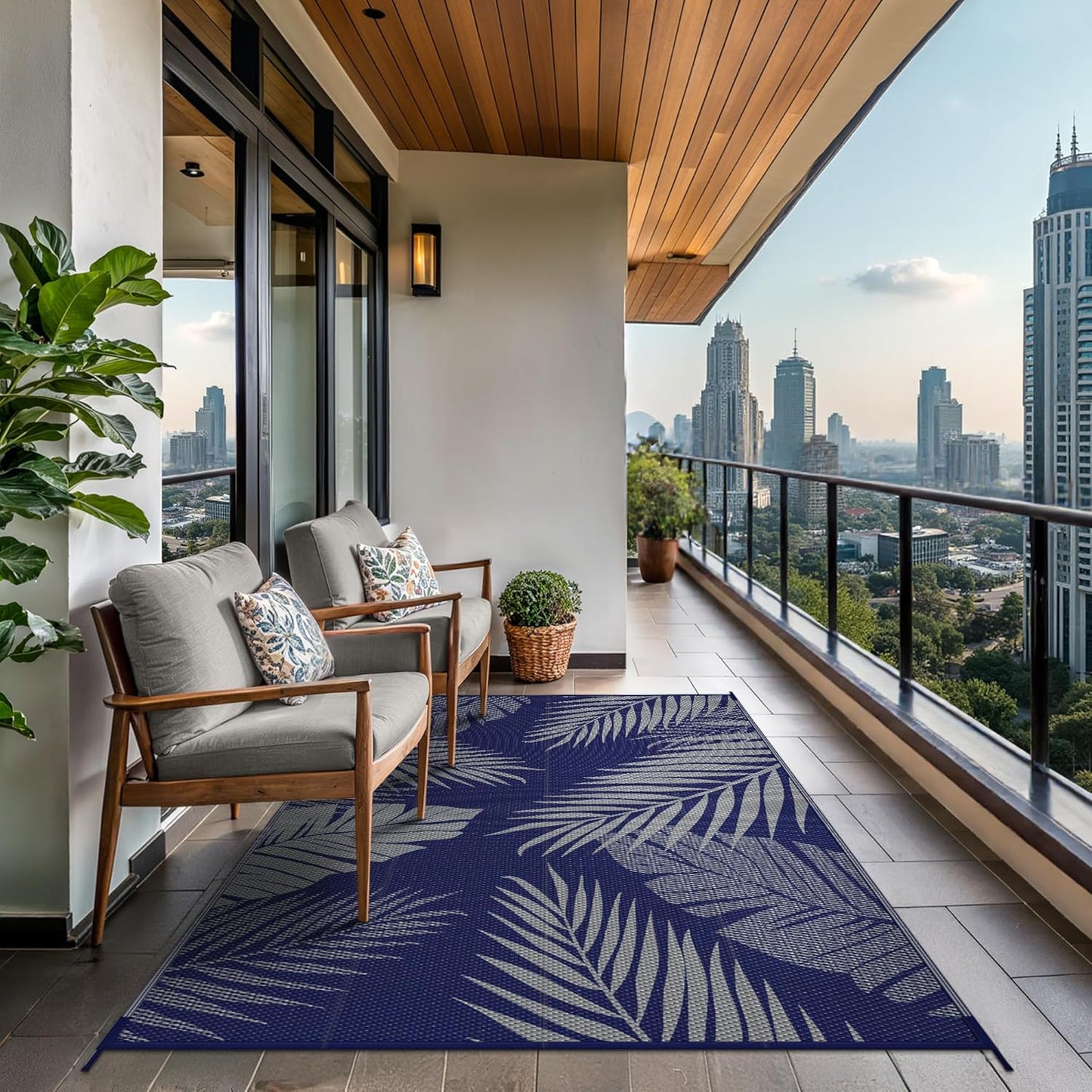 GENIMO Outdoor Rug 8' x 10' Waterproof for Patios Clearance, Reversible Outdoor Plastic Straw Camping Rug Carpet, Large Area Rugs Mats for RV, Camper, Deck, Balcony, Porch, Beach, Navy Blue&Grey