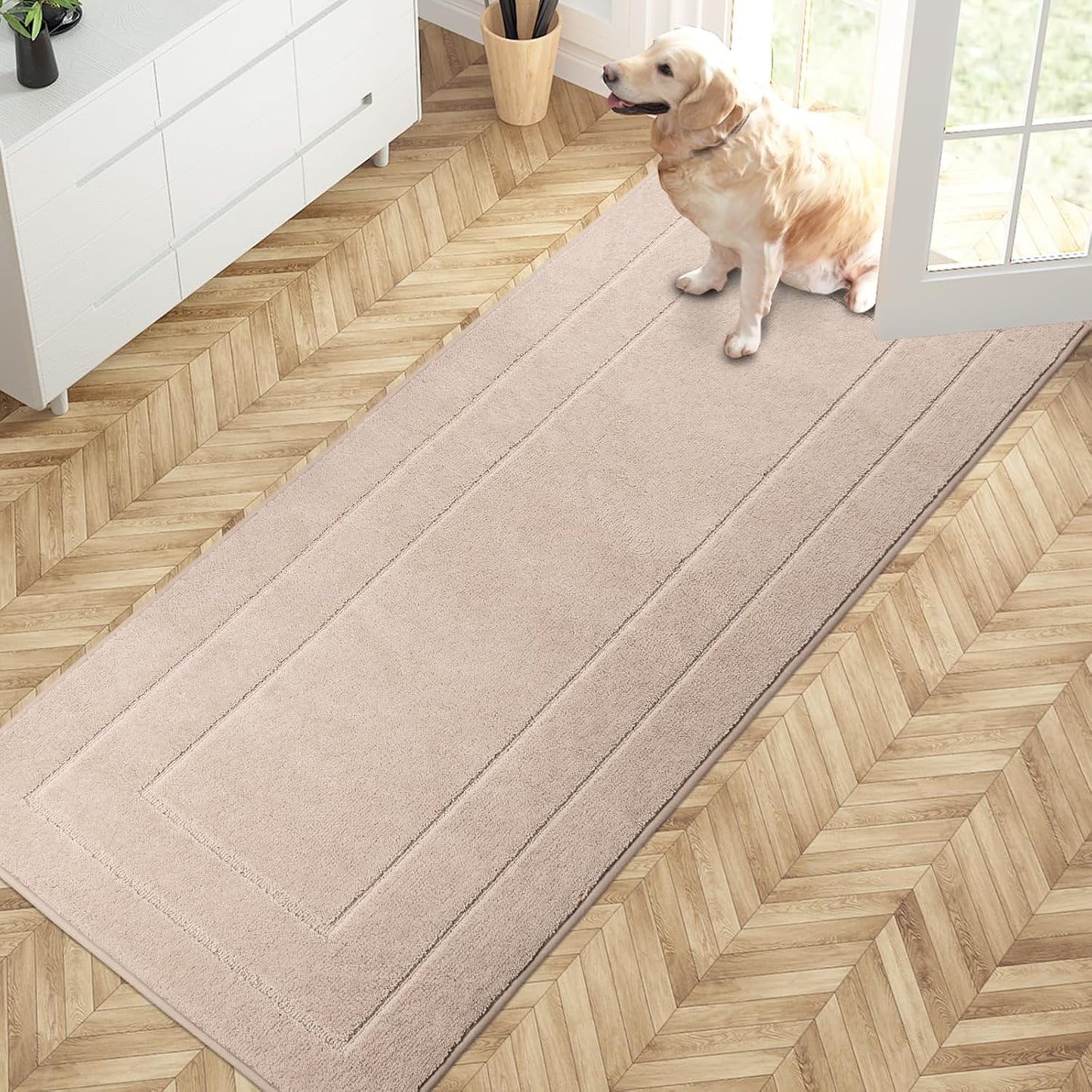 PURRUGS Dirt Trapping Door Mat 32" x 70", Non-Slip/Skid Machine Washable Entryway Rug, Dog Doormat, Super Absorbent Welcome Mat for Muddy Wet Shoes and Paws, Beige