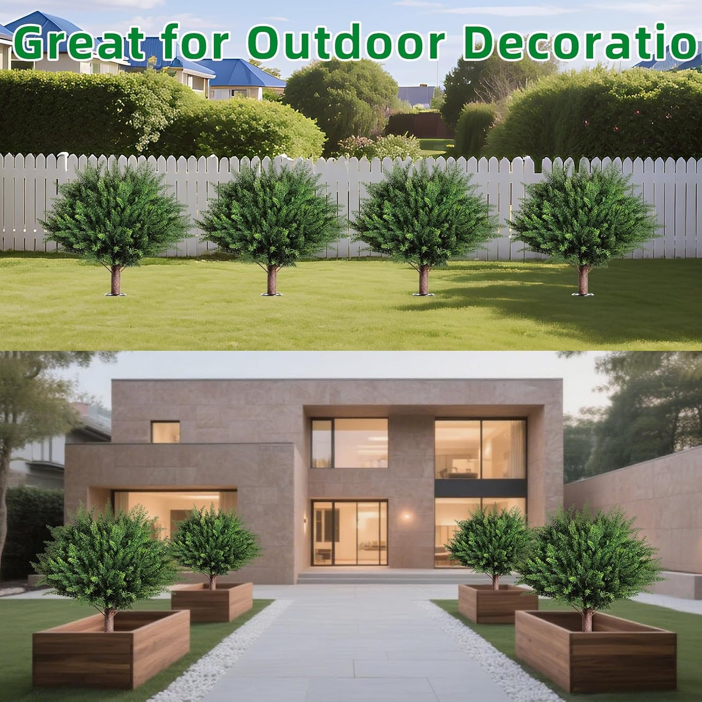 23" Artificial Cedar Topiary Ball Trees ，Set of 2 Outdoor Faux Plants with Ground Spike, UV Resistant Fake Pine Shrubs Bushes for Indoor Front Porch Yard Decorations (Cypres)